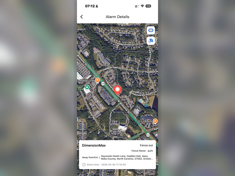 TrackerOne GPS tracking app showing fence alarm