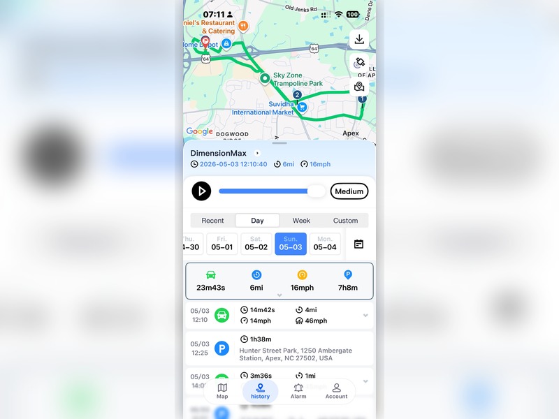 TrackerOne GPS tracking app showing movement history