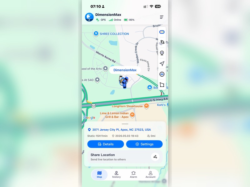 TrackerOne GPS tracking app showing real-time location