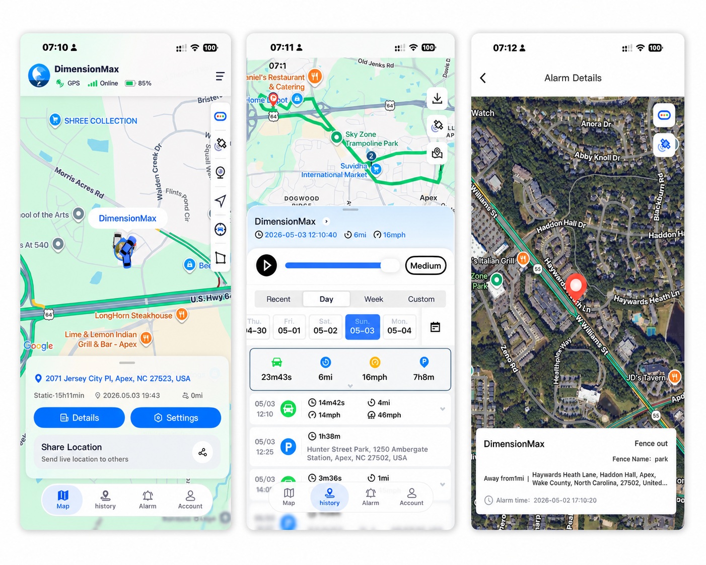 TrackerOne GPS tracking platform app showing real-time location, movement history and fence alert